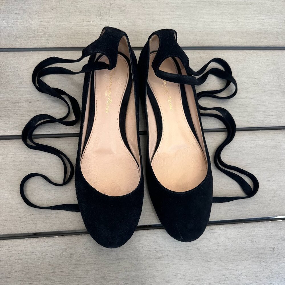 Gianvito Rossi Ankle Wrap Ballet Flats Black Suede Size 37